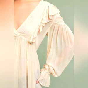 Anthropologie Maeve Wynn Sheer Ivory Metallic Striped Womens Flowy Tunic Top